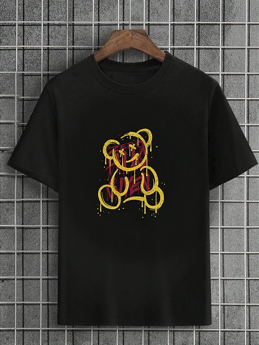 Camiseta Masculina Preta 100% Algodão Urso Yellow