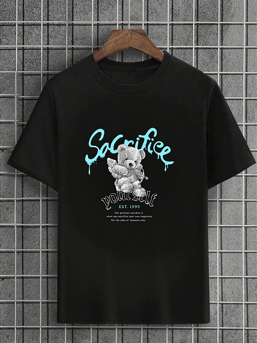 Camiseta Masculina Preta 100% Algodão Urso Sacrifice Yourself