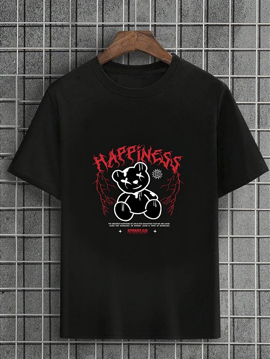 Camiseta Masculina Preta 100% Algodão Urso Happiness