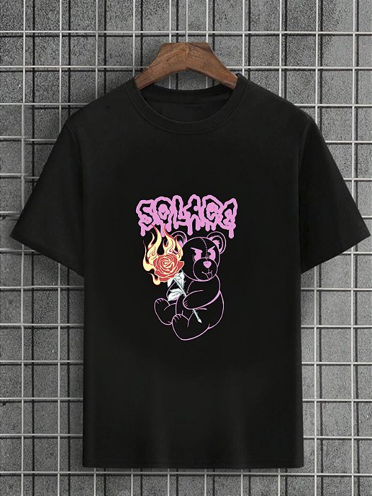 Camiseta Masculina Preta 100% Algodão Urso Solage