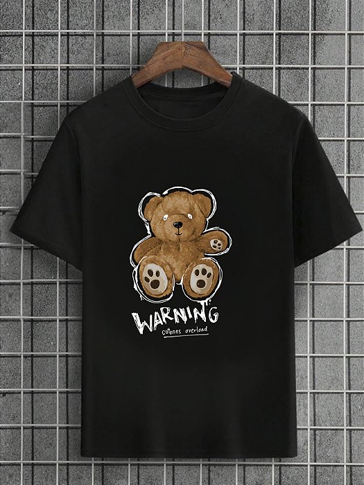 Camiseta Masculina Preta 100% Algodão Urso Warning