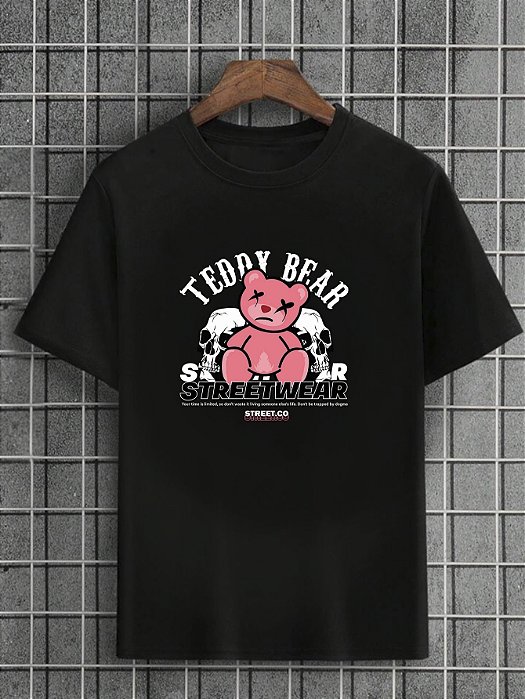 Camiseta Masculina Preta 100% Algodão Urso StreetWear