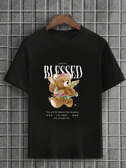 Camiseta Masculina Preta 100% Algodão Urso Blessed