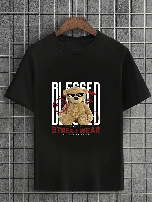 Camiseta Masculina Preta 100% Algodão Urso Blessed StreetWear