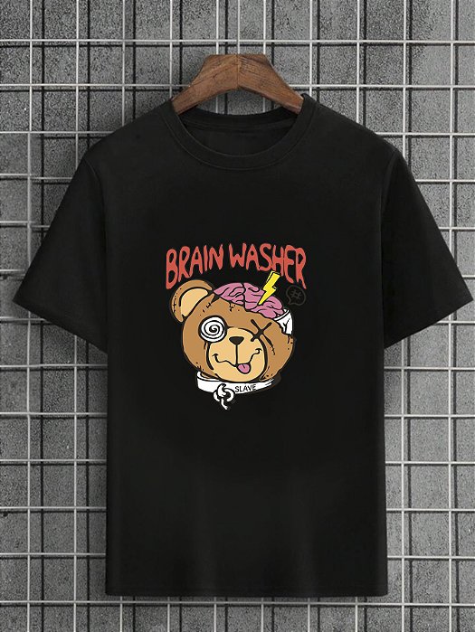 Camiseta Masculina Preta 100% Algodão Urso Brain Washer