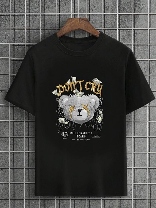 Camiseta Masculina Preta 100% Algodão Urso Dont cry
