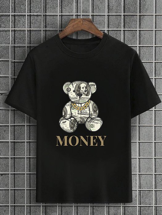 Camiseta Masculina Preta 100% Algodão Urso Money