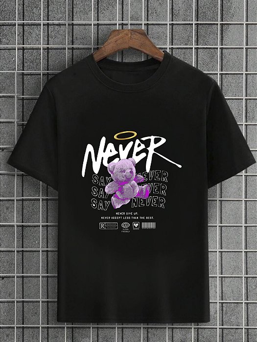 Camiseta Masculina Preta 100% Algodão Urso Never