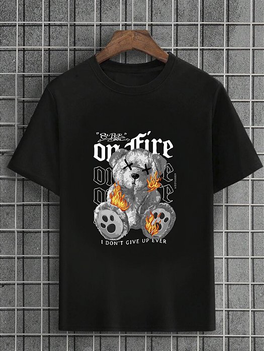 Camiseta Masculina Preta 100% Algodão Urso Fire