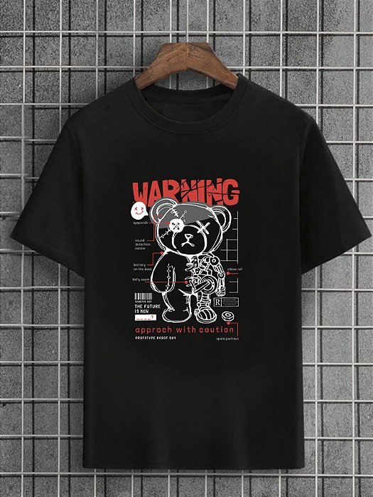 Camiseta Masculina Preta 100% Algodão Urso Warning Prototype