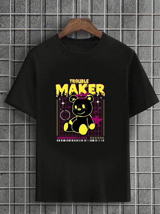 Camiseta Masculina Preta 100% Algodão Urso Trouble Maker