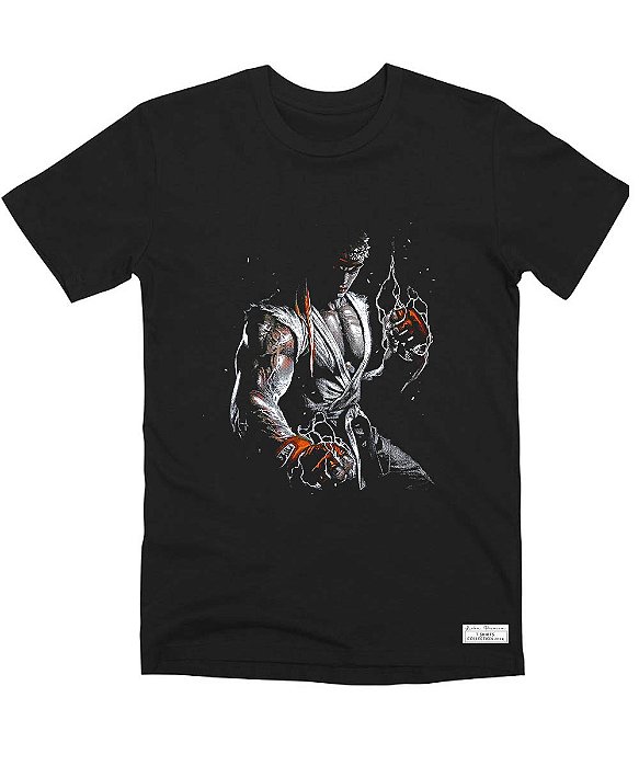 Camiseta Masculina Preta 100% Algodão Street Fight Ryu