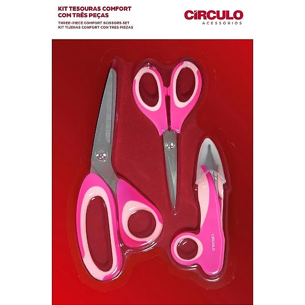 Kit Tesouras Comfort Com Três Peças Circulo Rosa