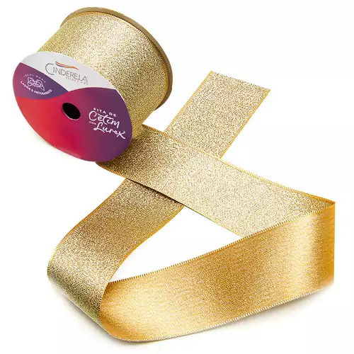 Fita de Cetim com Lurex Cinderela 38mm 10mts Cor- 55- Dourado c/ Lurex Prata
