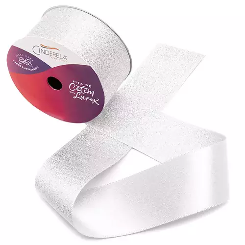 Fita de Cetim com Lurex Cinderela 38mm 10mts Cor- 01- Branco c/ Lurex Prata