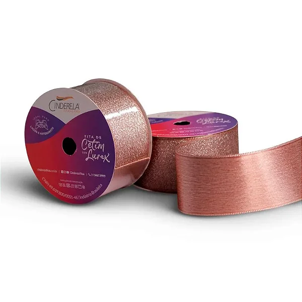 Fita de Cetim com Lurex Cinderela 38mm 10mts Cor- 151-Rose Gold c/ Lurex Prata