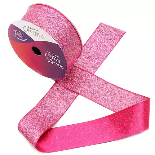 Fita de Cetim com Lurex Cinderela 38mm 10mts Cor- 41- Pink c/ Lurex Prata
