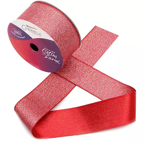 Fita de Cetim com Lurex Cinderela 38mm 10mts Cor- 8-Vermelho c/ Lurex Prata