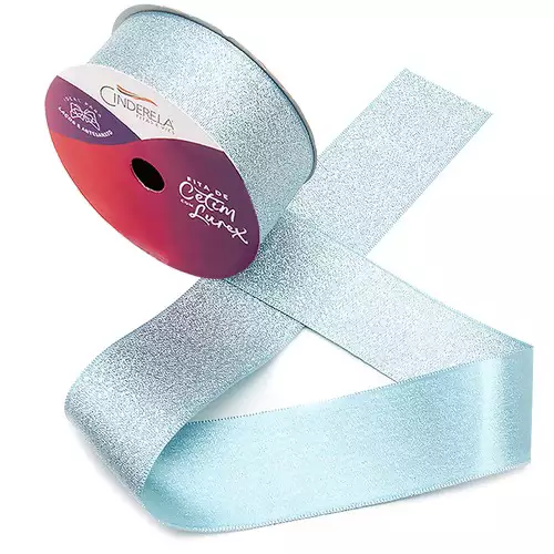 Fita de Cetim com Lurex Cinderela 38mm 10mts Cor- 095- Tiffany c/ Lurex Prata