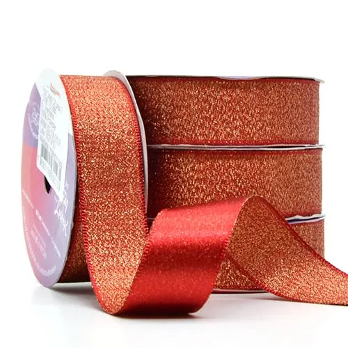 Fita de Cetim com Lurex Cinderela 22mm 10mts Cor-8-Vermelho c/ Lurex Dourado