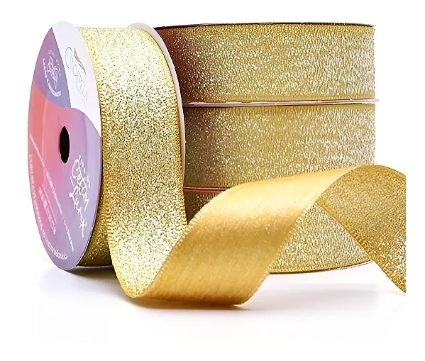Fita de Cetim com Lurex Cinderela 22mm 10mts Cor-55-Dourado c/ Lurex Prata