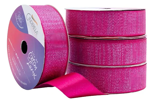 Fita de Cetim com Lurex Cinderela 22mm 10mts Cor-41-Pink c/ Lurex Prata