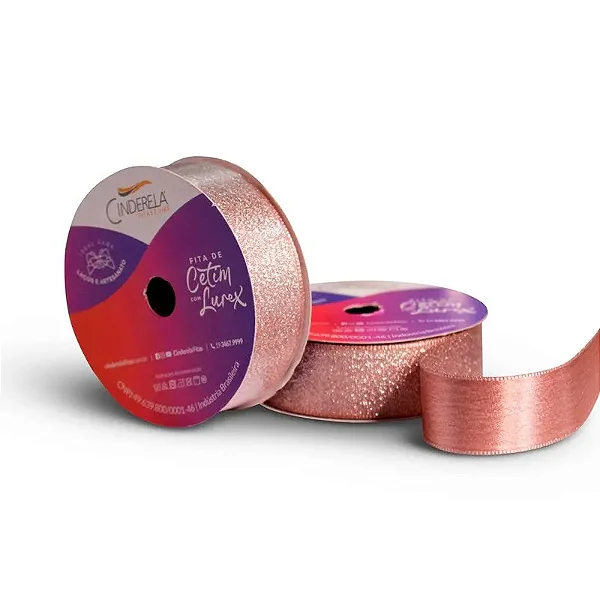Fita de Cetim com Lurex Cinderela 22mm 10mts Cor-97-Rosa Hera c/ Lurex Prata