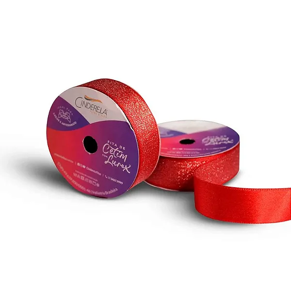Fita de Cetim com Lurex Cinderela 22mm 10mts Cor-8-Vermelho c/ Lurex Prata