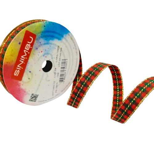 Fita Decorativa Xadrez Natal Ref:1990 Cor - 04-Vermelho e Verde com Fio Dourado Com 10metros