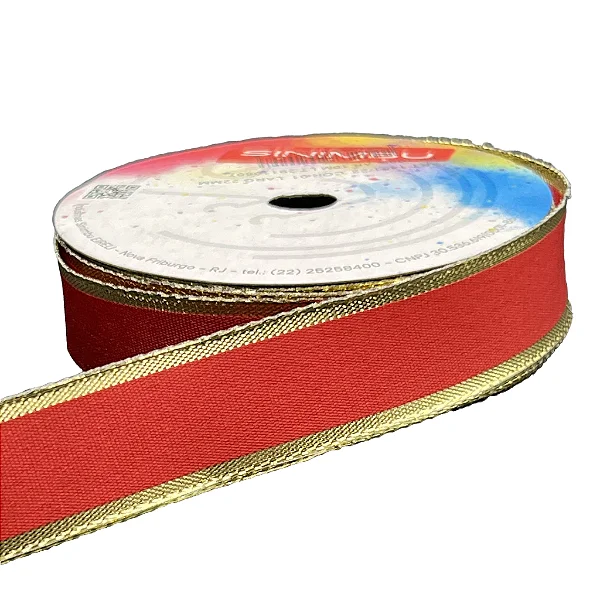 Fita Decorativa Natal 22mm Ref.1451 Rolo com 10 mts Cor-01-Vermelha com Dourado