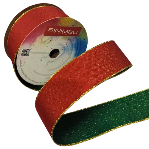 Fita Decorativa Natal 38mm Ref.1800 Rolo com 10 mts Cor-02-Vermelha e Verde com Dourado