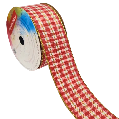 Fita Decorativa Xadrez Natal 38mm Ref.1990 Rolo com 10 mts Cor-02-Vermelha e Branco com Dourado
