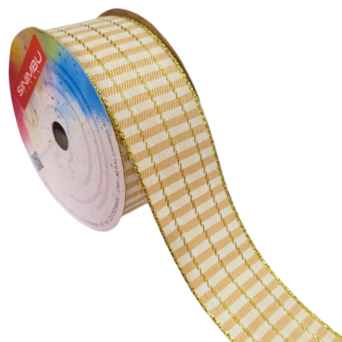 Fita Decorativa Xadrez Natal 38mm Ref.1990 Rolo com 10 mts Cor-01-Bege / Palha com Dourado