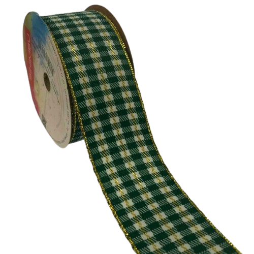 Fita Decorativa Xadrez Natal 38mm Ref.1990 Rolo com 10 mts Cor-03-Verde e Branco com Dourado