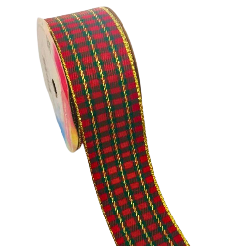 Fita Decorativa Tartan Xadrez Natal 38mm Ref.1990 Rolo com 10 mts Cor-04-Vermelho e Verde com Dourado