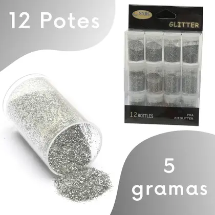 KitGlitter Prata - Kit C/ 12 Potes 5g Cada