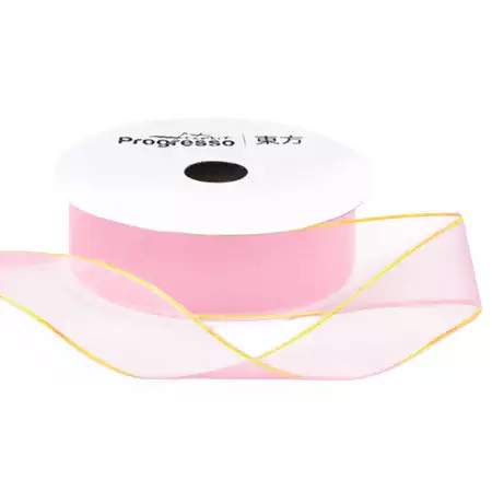 Fita de Voal com Ourela Dourada Progresso ZCD 005 22mm 10mts Cor 206 Rosa Claro