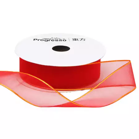 Fita de Voal com Ourela Dourada Progresso ZCD 005 22mm 10mts Cor 209 Vermelho