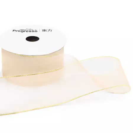 Fita de Voal com Ourela Dourada Progresso ZCD 009 38mm 10mts Cor 311- Champagne