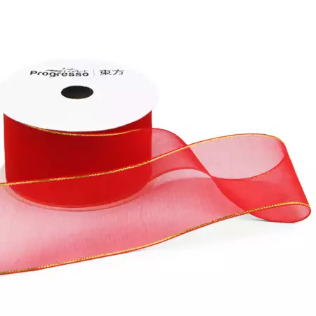Fita de Voal com Ourela Dourada Progresso ZCD 009 38mm 10mts Cor 209 Vermelho