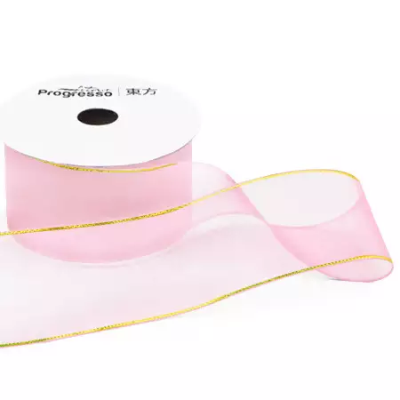 Fita de Voal com Ourela Dourada Progresso ZCD 009 38mm 10mts Cor 206 Rosa Claro