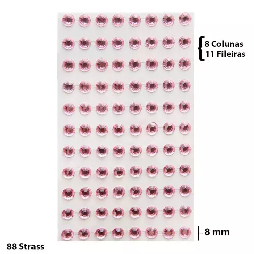 Cartela Adesiva Strass 88 Pçs 8mm Cor Rosa