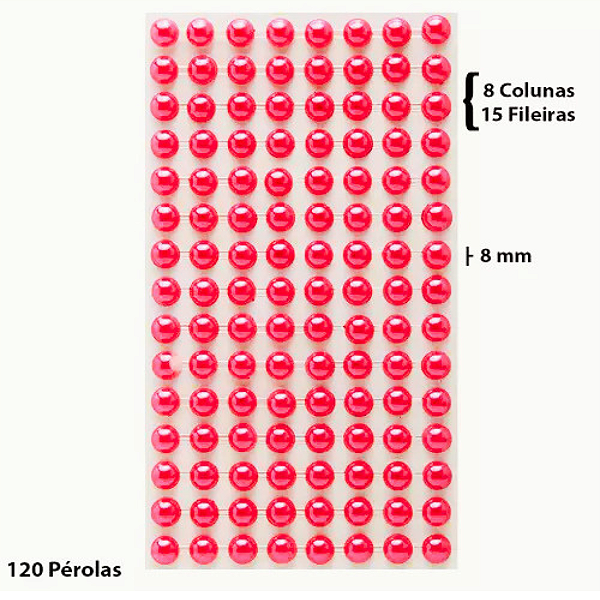 Cartela Adesiva Pérola 120 Pçs 8mm Cor Vermelho