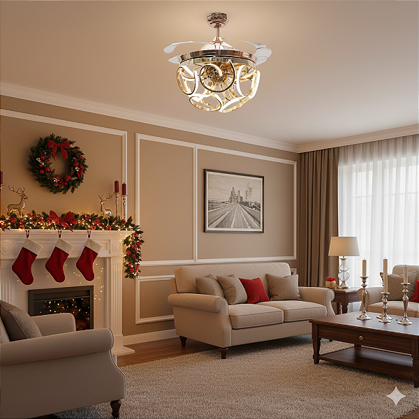VENTILADOR DE TETO RETRÁTIL LUXUOSO LED GOLD COM CONTROLE