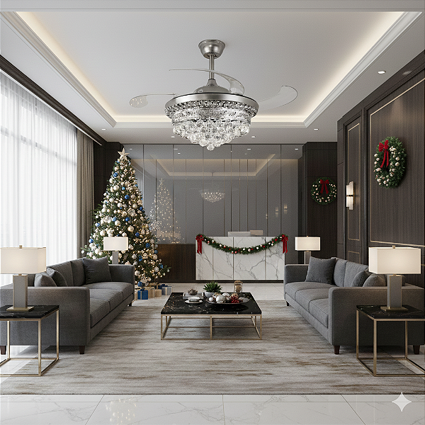 VENTILADOR LUSTRE RETRÁTIL LED CRISTAL CONTROLE REMOTO BLUETHOOTH