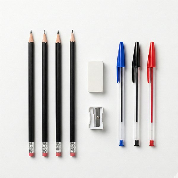 Kit Escolar Básico com Lápis Canetas Borracha e Apontador Ideal para Uso Diário em Sala de Aula Escolar Fundamental Kids