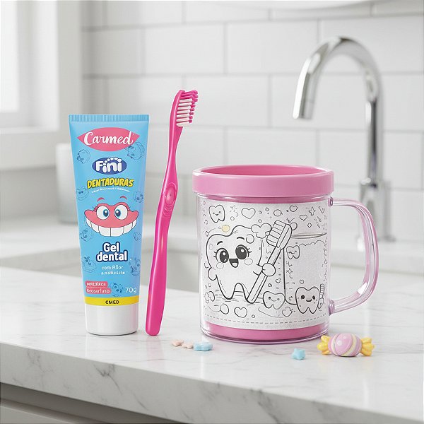 Kit Dental Infantil Carmed Fini Com Caneca Colorir + Escova!