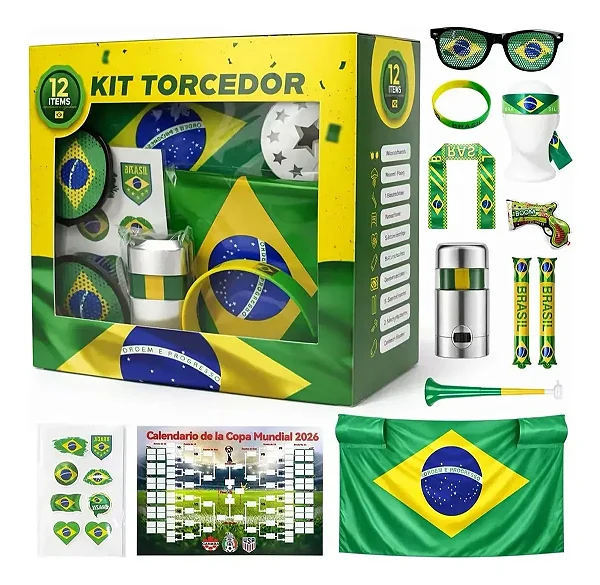 Kit Torcedor Brasil Copa 2026 Completo 12 Peças Bandeira Corneta Óculos Tinta Facial Acessórios Torcida Futebol Festa Brasil Copa Mundo Kit Brasil Torcedor Promoção Evento Futebol Brasil Fan Kit