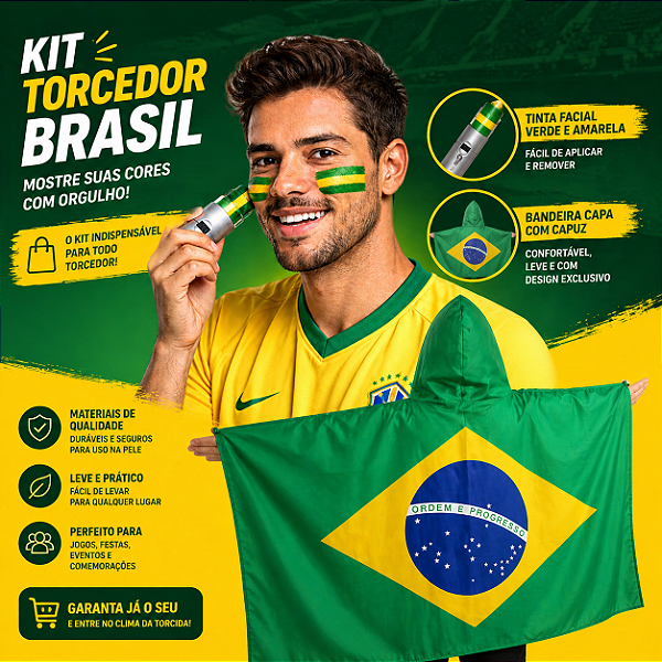Kit Torcedor: Tinta Facial Bastão Verde Amarelo + Bandeira 90x150 Capa Torcedor