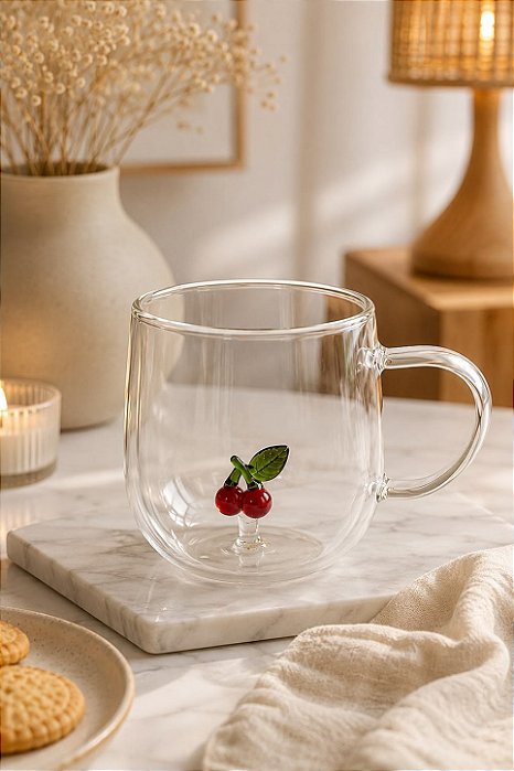 Caneca de Vidro Duplo Borossilicato – Cereja 3D
